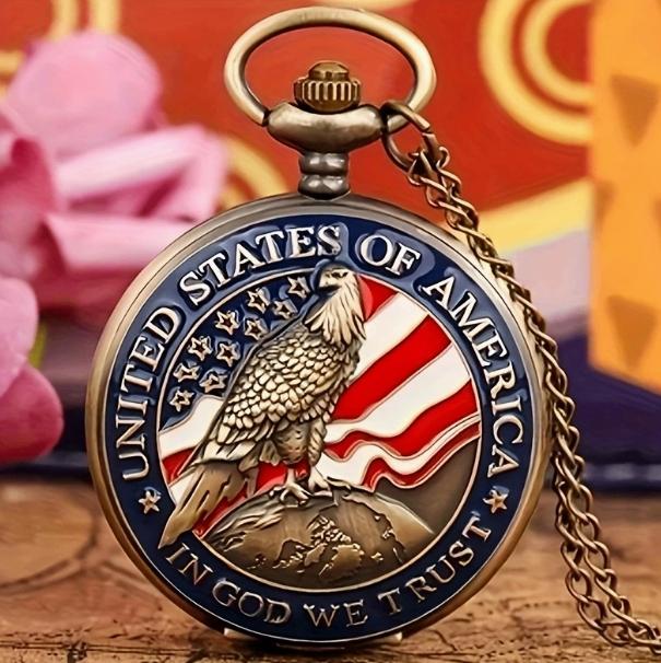 Vintage Bronze Eagle Quartz Pocket Watch Amerika Patriot, Overige merken, Zakhorloge, Staal, Met ketting