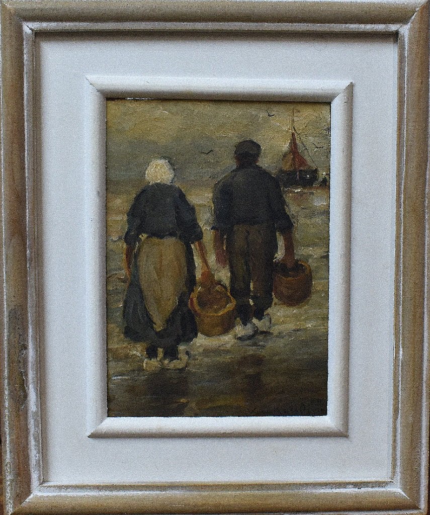 Schilderij vissersvolk aan de kust.--Voor Kees Oever., Antiek en Kunst, Verzenden, Impressionistisch, Ingelijst, Olieverf