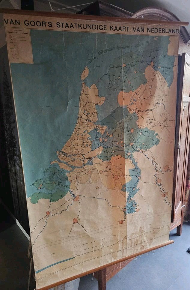 Grote Vintage Schoolplaat Nederland - Van Goor's Kaart, Antiek en Kunst, Antiek | Schoolplaten, Ophalen
