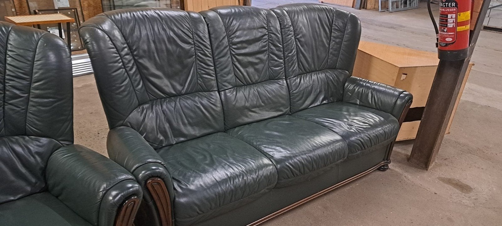 3 zits leren bankstel donker groen  bijpassende fauteuils, Ophalen, Gebruikt, Driepersoons, Rechte bank