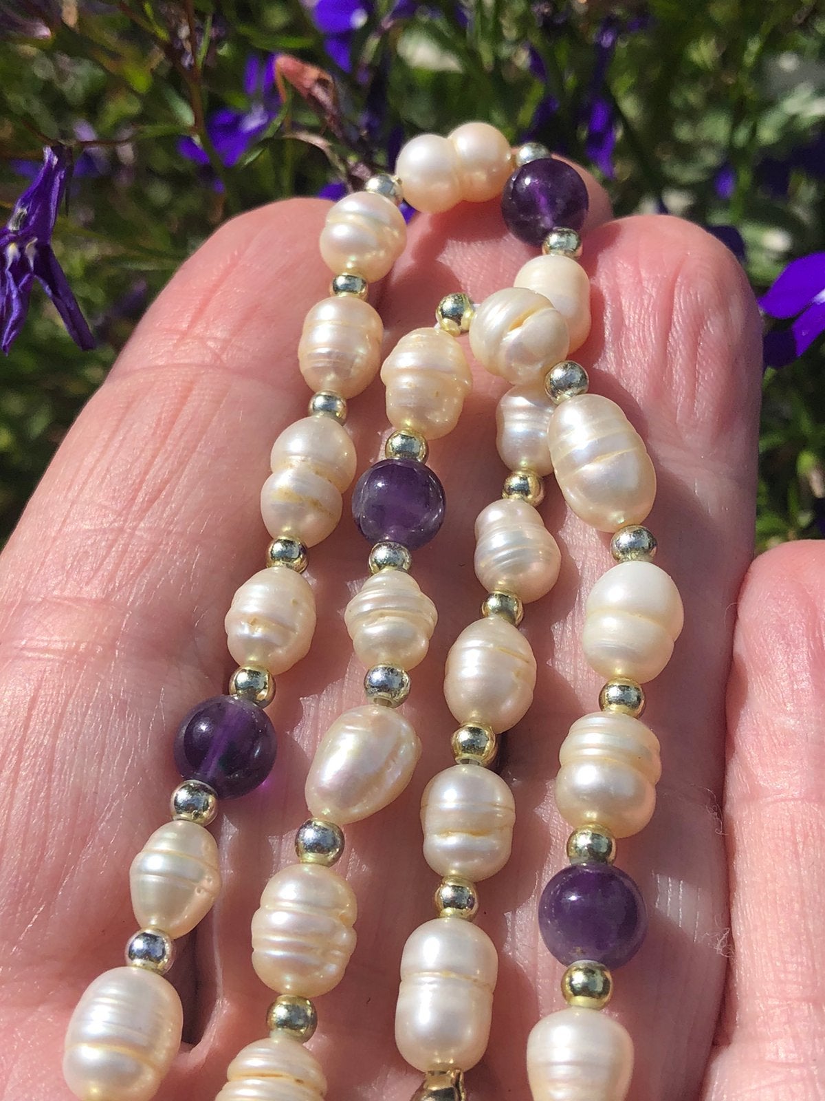 ParelKetting Parels Amethist Barok Collier Vintage 1975, Wit, Ophalen of Verzenden, Zo goed als nieuw, Steen of Mineraal
