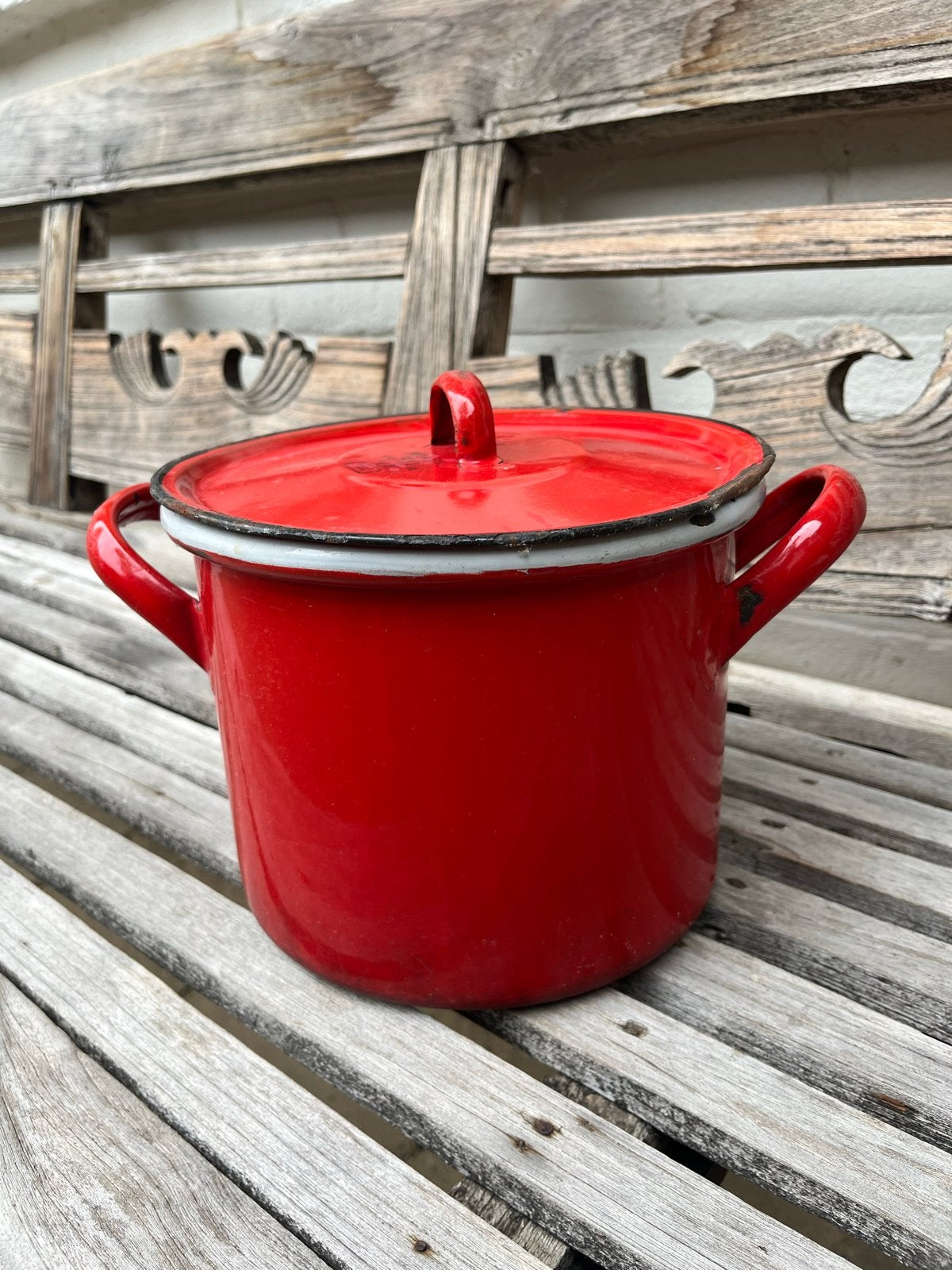 Vintage rode emaille soepketel uit Hongarije, Ophalen of Verzenden