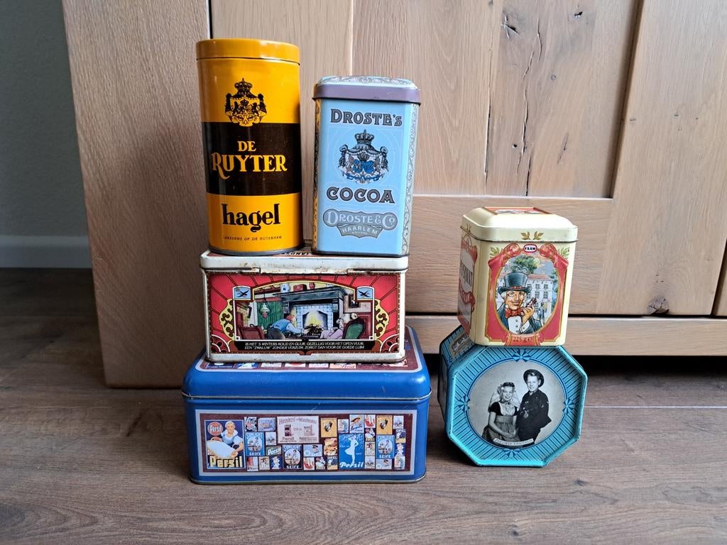 Diverse vintage bewaar blikken verzameling zie omschr pst, Verzamelen, Blikken, Ophalen of Verzenden