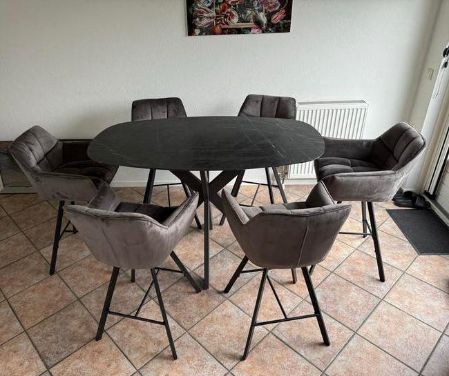 Deens Ovale Bartafel met 6 Antraciet Velours Barstoelen, Ophalen, Overige materialen, 100 tot 150 cm, 50 tot 100 cm