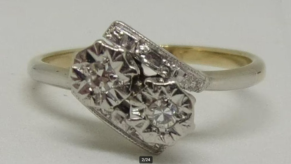 Antieke Art Deco ring, 1920, goud/platina, 2 Diamanten, Verzenden, Goud, Ring, Met edelsteen