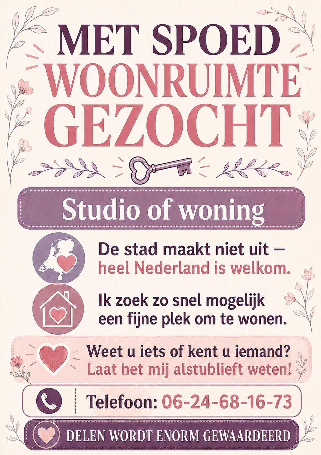 Opzoek naar een studio voor 1 persoon!, Boeken, Ophalen of Verzenden, Zo goed als nieuw