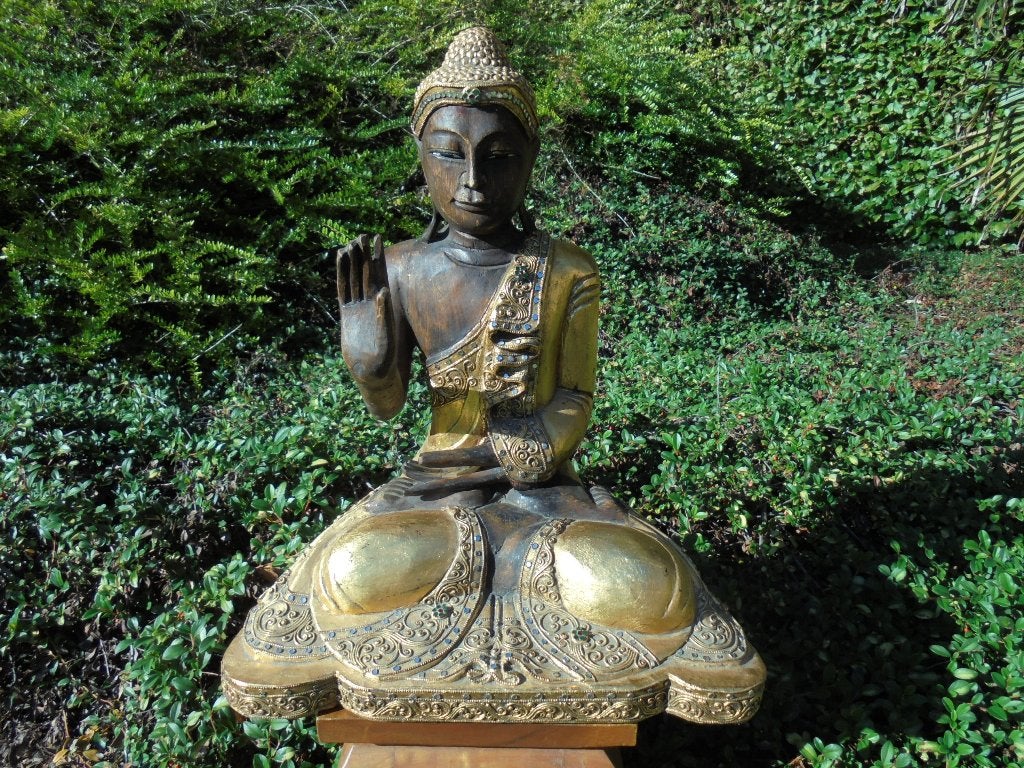 Antiek Boeddha beeld bladgoud Spiritueel Vintage Mancave, Beeld, Hout, Goud, Azië