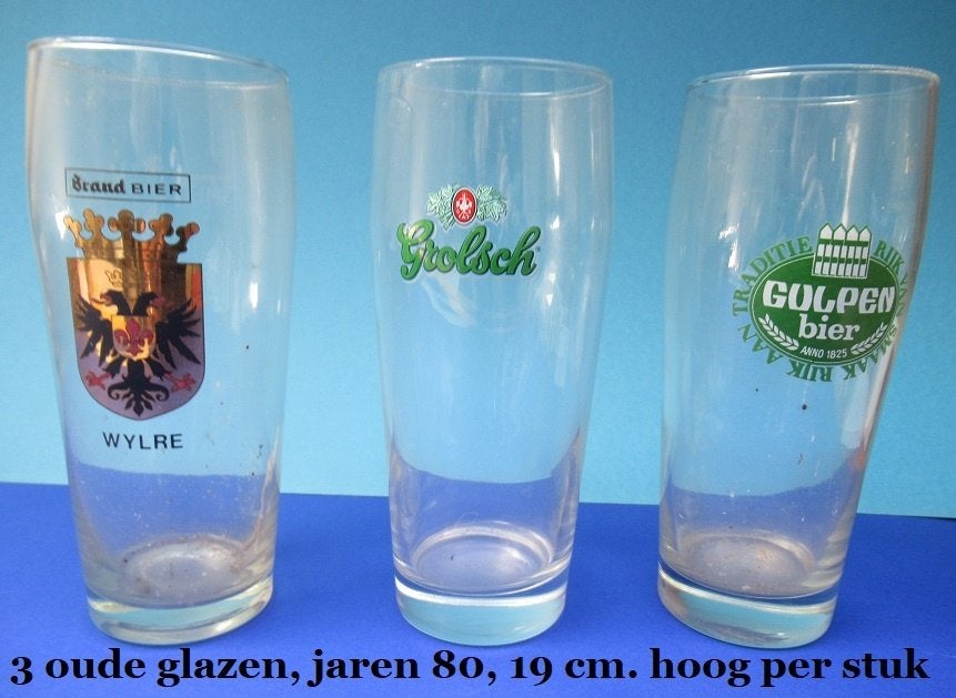 Gulpen, Brand, Grolsch, 3 oude pint glazen, Ophalen of Verzenden, Zo goed als nieuw, Glas of Glazen, Brand