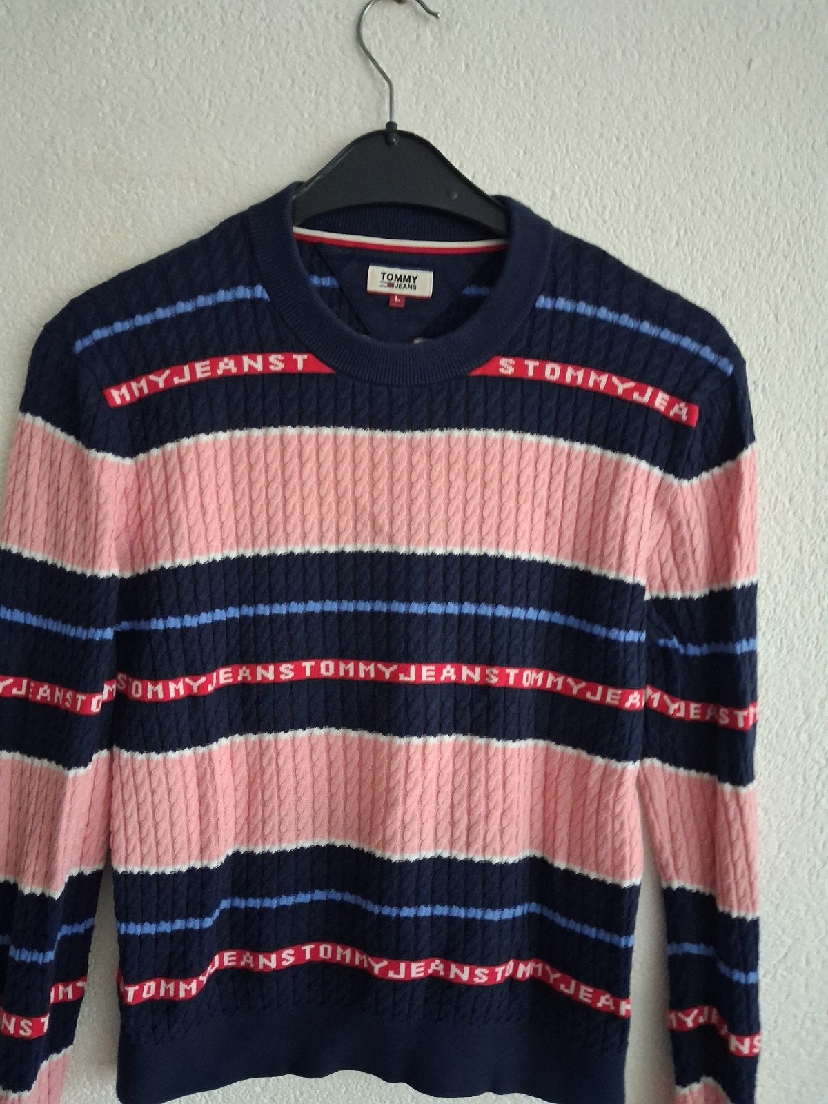 Tommy Jeans kabelgebreide trui met strepen, Blauw, Maat 42/44 (L), Ophalen of Verzenden, Zo goed als nieuw