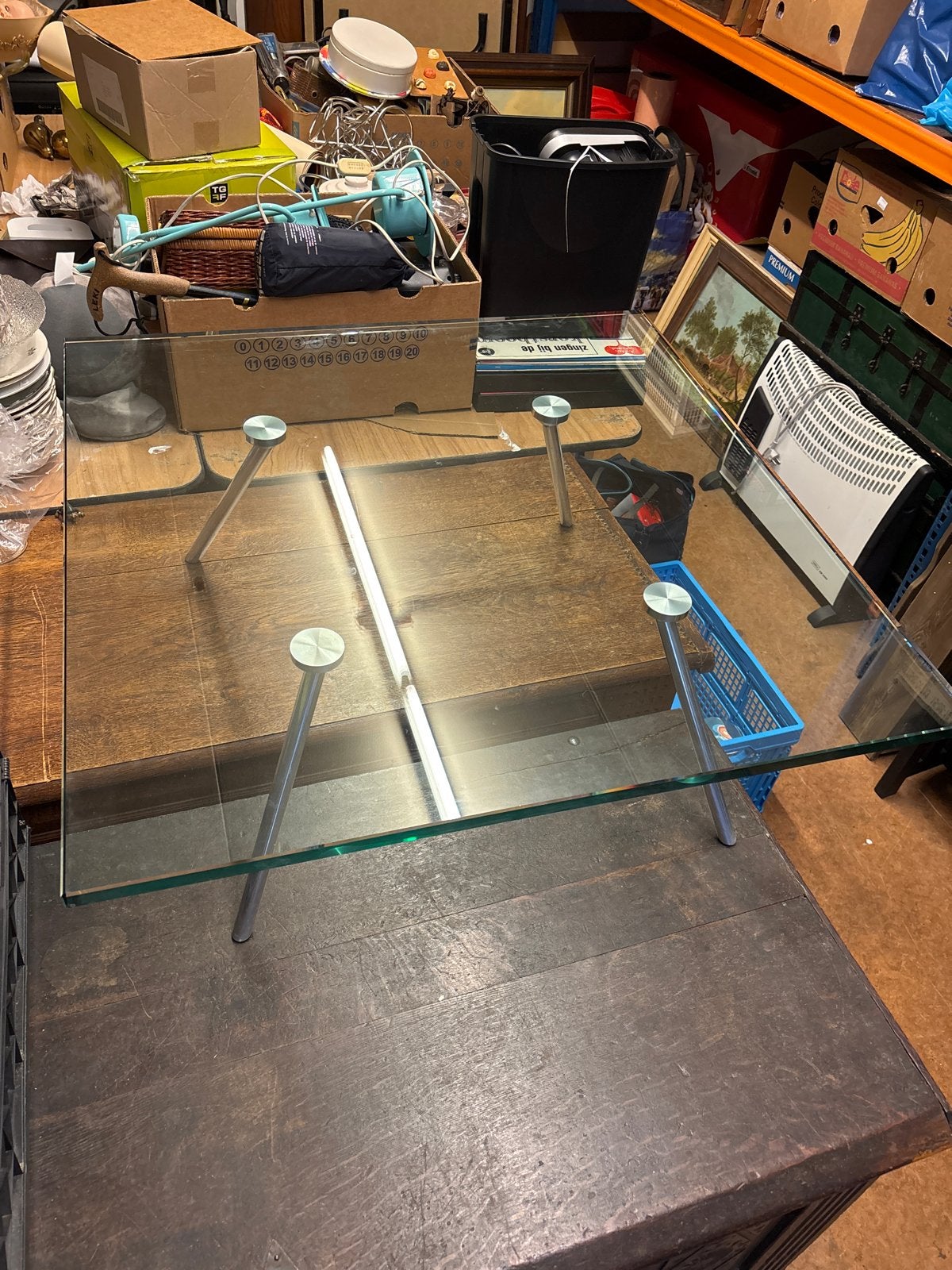 Glazen salontafel met metalen poten, Ophalen, Minder dan 45 cm, Gebruikt, Vierkant