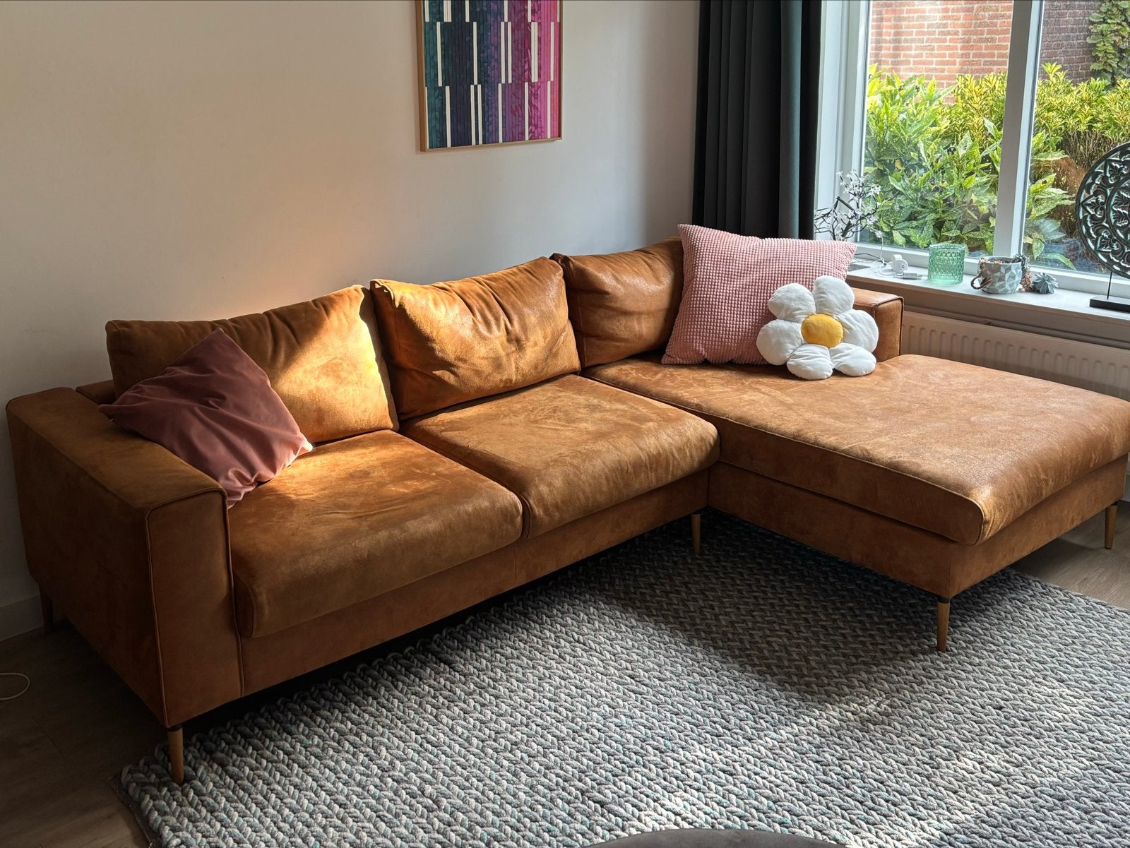 Comfortabele Hoekbank - Cognac Kleur, Ophalen, 250 tot 300 cm, Gebruikt, 100 tot 125 cm