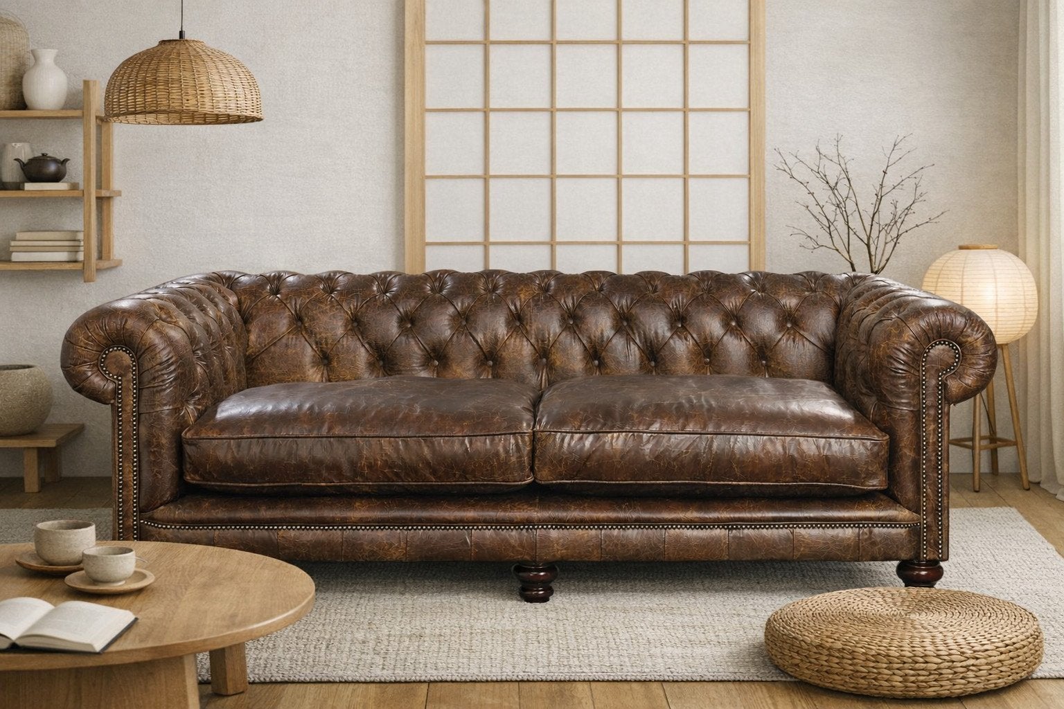 NIEUW op MAAT: Edinburgh chesterfield Vintage Zwart / cognac, Ophalen of Verzenden, Nieuw, Leer