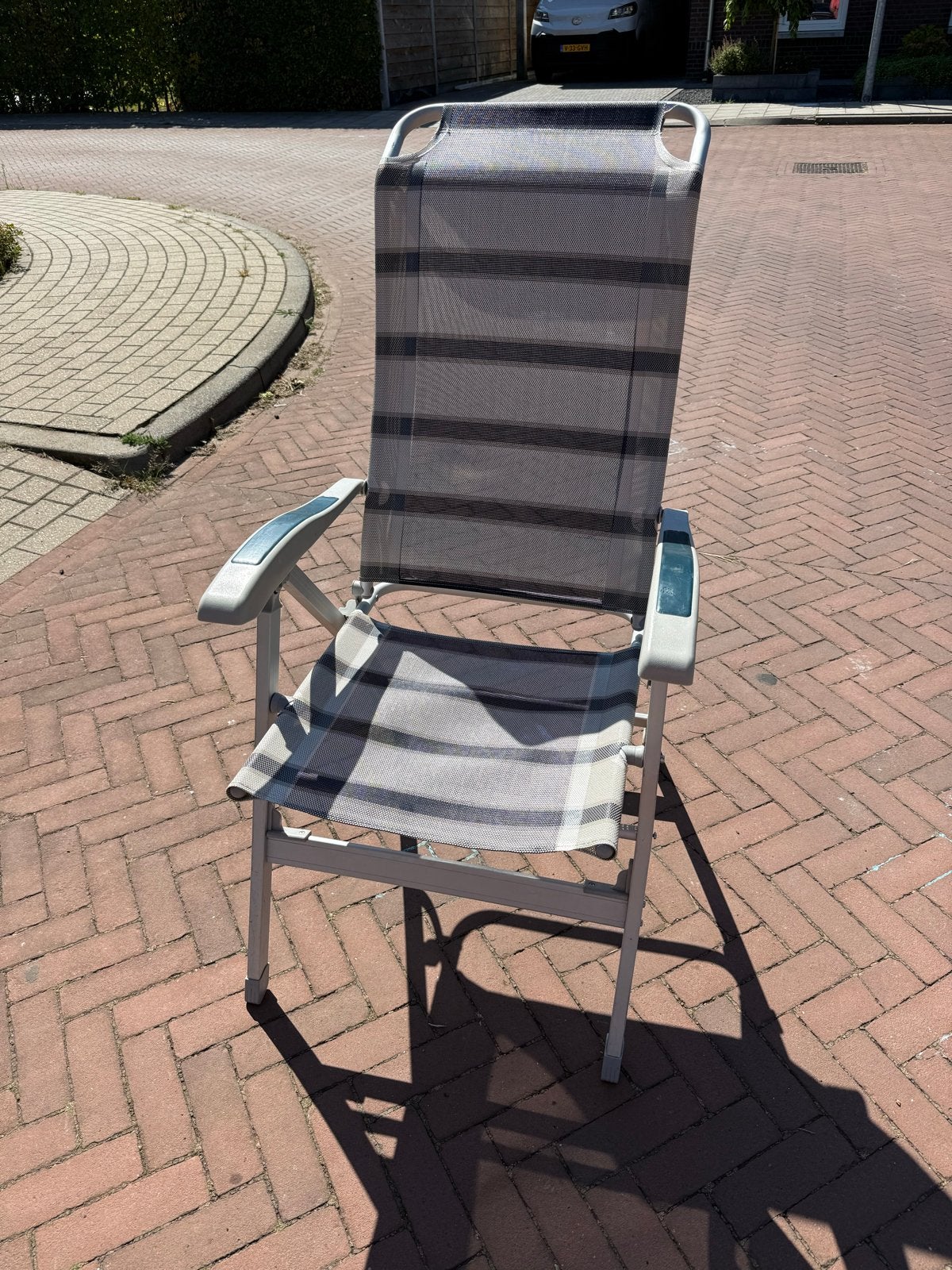 2x Verstelbare campingstoelen - Grijs gestreept, Ophalen, Gebruikt, Metaal, Inklapbaar
