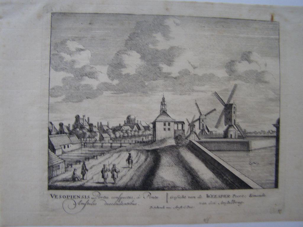 gravure De Weesper Poort gezien van den Amstelbrug, P.Schenk, Antiek en Kunst, Kunst | Etsen en Gravures, 26 cm, Stadsgezicht