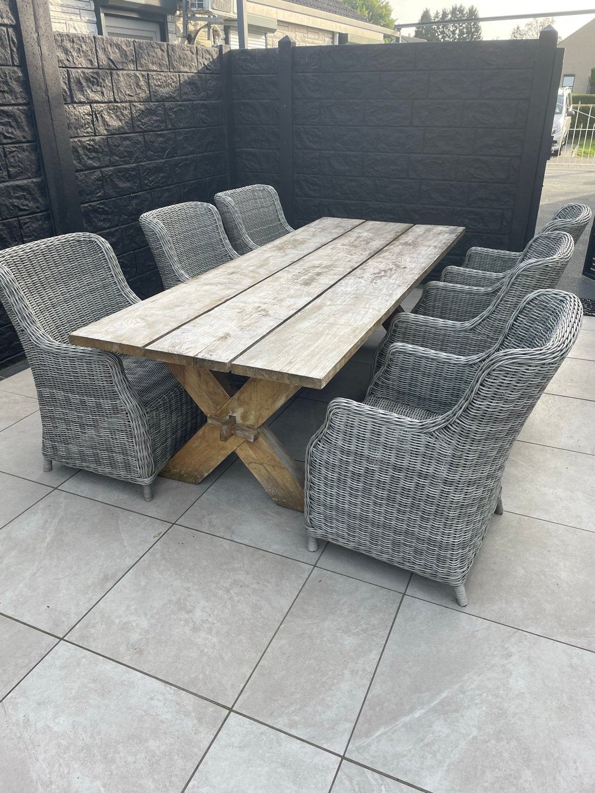 Robuuste tuinset met 6 wicker stoelen, Gebruikt, Eettafel, Ophalen of Verzenden, 8 zitplaatsen