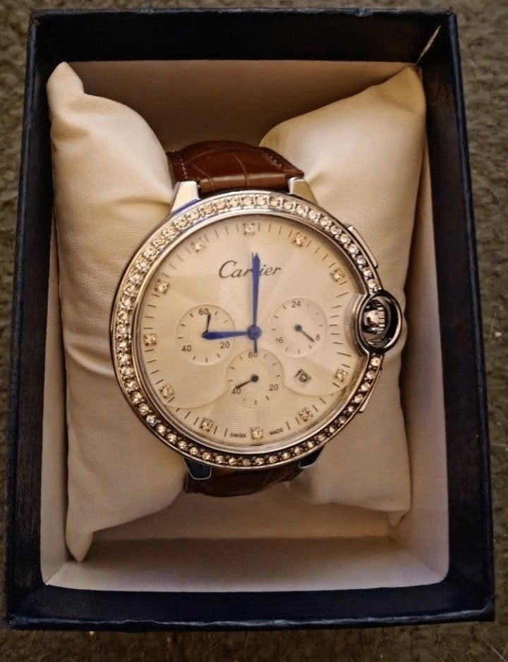 Cartier Ballon Bleu met bruine leren band en edelstenen, Overige merken, Leer, Polshorloge, Ophalen of Verzenden