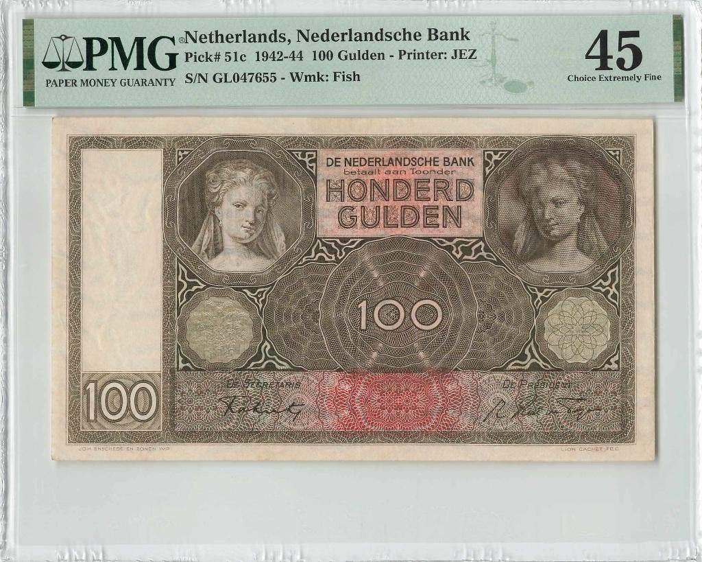 Prachtig biljet 100 gulden Luitspelende Vrouw, 1942 | PMG 45, Postzegels en Munten, Ophalen of Verzenden, 100 gulden