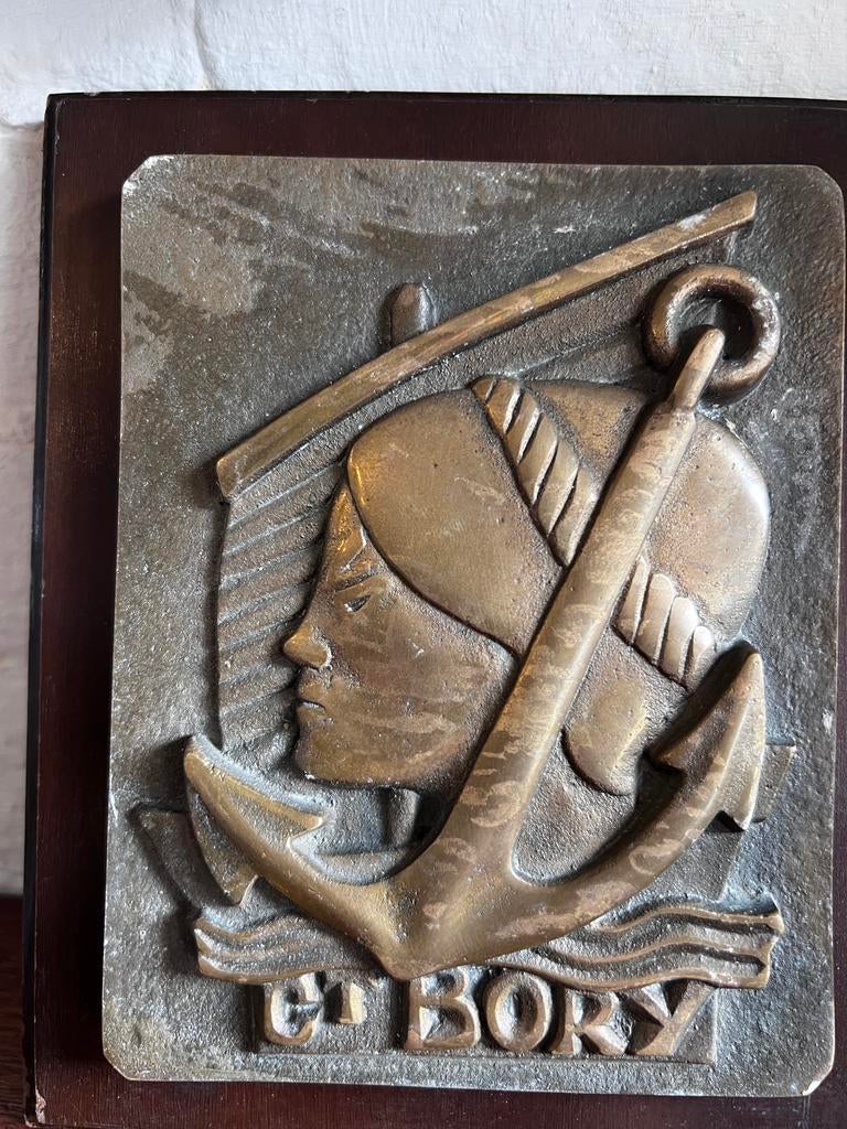 Bronzen Plaquette ' Ct. Bory' maritiem op Houten Plaat, Ophalen of Verzenden, Brons