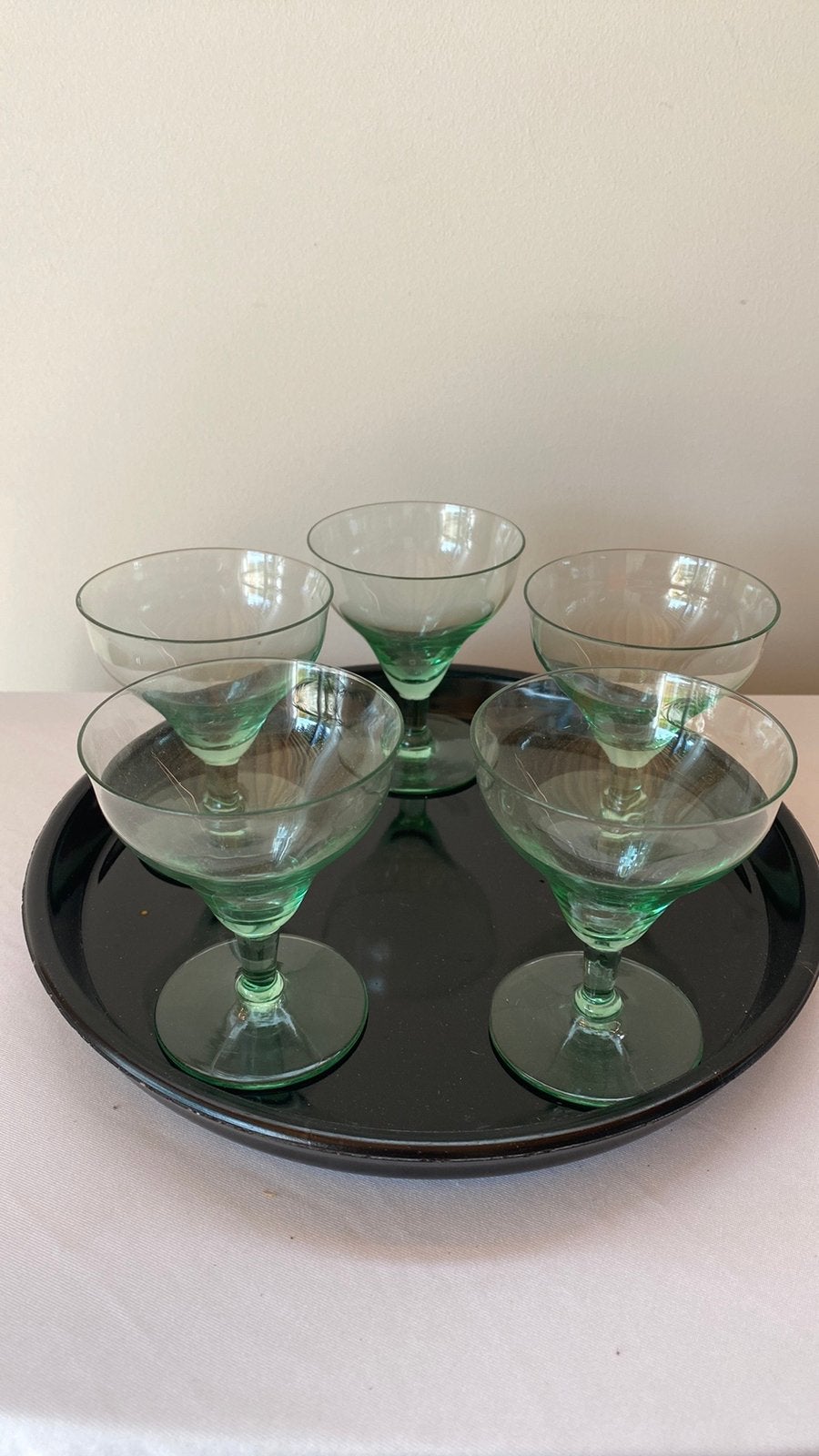 Set 5 Art Deco groene champagne coupes zwart glazen dienblad, Ophalen