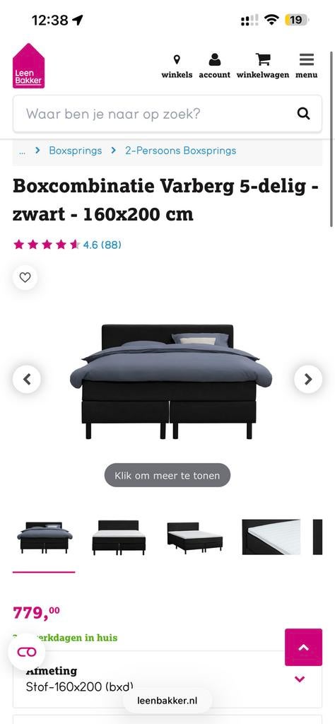 Boxspring 160x200 leen bakker, Huis en Inrichting, Ophalen, Zwart, Tweepersoons, Zo goed als nieuw
