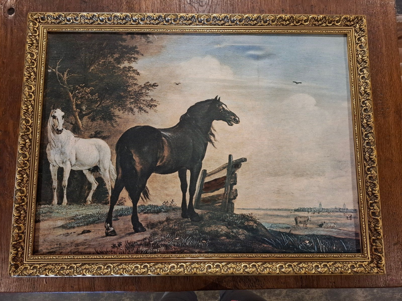 Klassiek schilderij met paarden in landschap inclusief lijst, Ophalen, Doek, Dieren, Olieverf