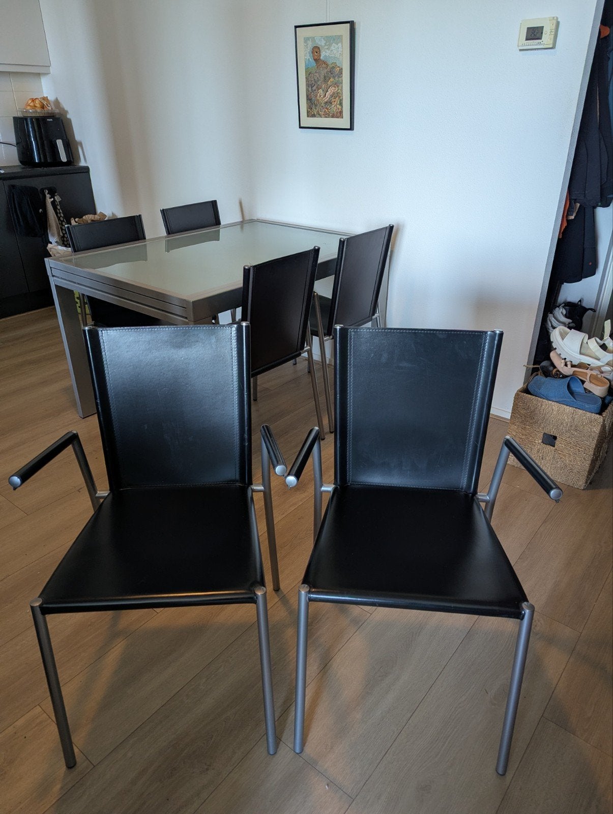 6 leren eetkamerstoelen met beschadigingen, Ophalen, Gebruikt, Zwart, Leer