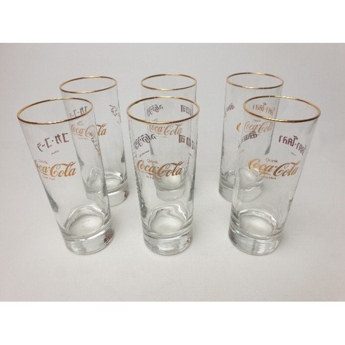 # 6 coca cola glazen met gouden opdruk, Ophalen of Verzenden, Gebruikt, Frisdrankglas