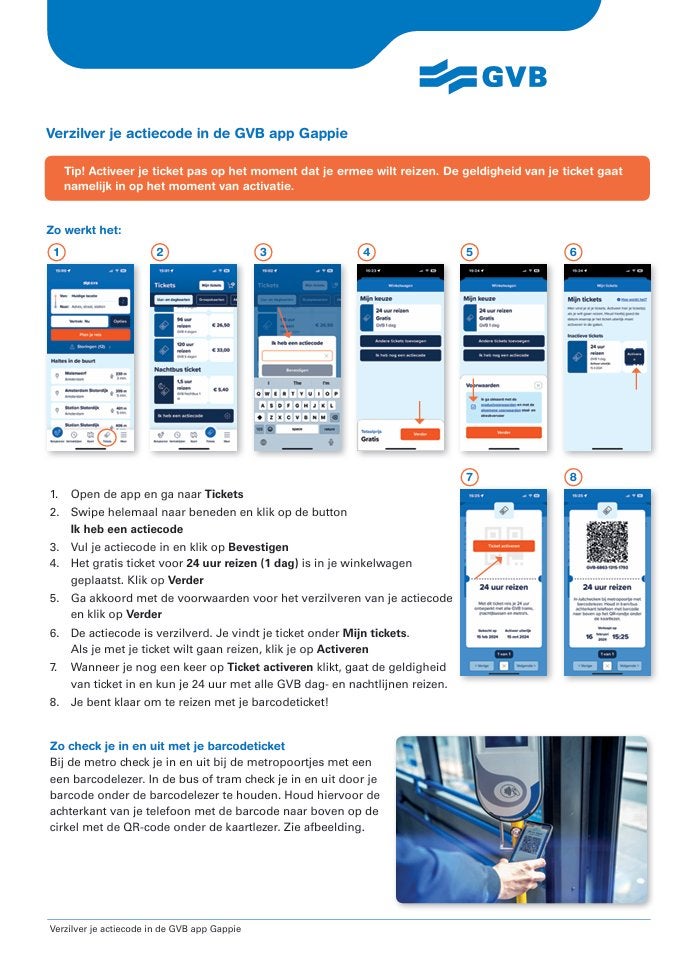 GVB dagkaart (meerdere beschikbaar), Tickets en Kaartjes, Eén persoon, Bus, Metro of Tram, Algemeen kaartje