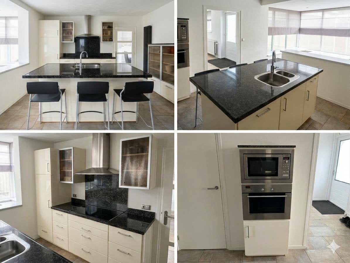 Complete keuken met eiland en diverse apparatuur, Ophalen, Gebruikt, Graniet of Steen, Crème