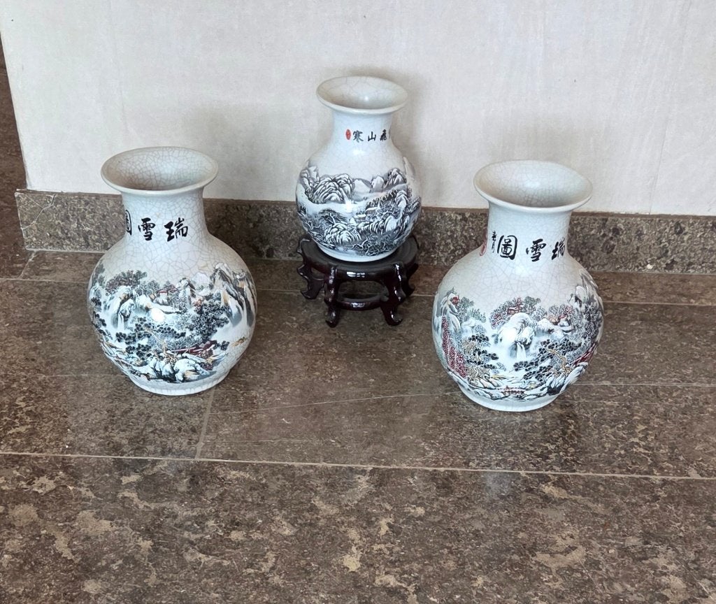 Set van 3 Chinese vazen – craquelé glazuur – landschappen, Ophalen