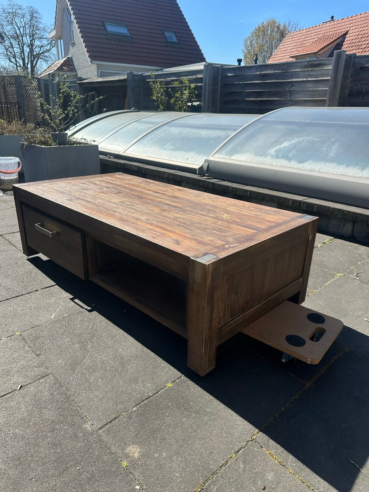 Robuuste houten salontafel met lade en uitschuifblad, Ophalen, Gebruikt, 100 tot 150 cm, 50 tot 100 cm