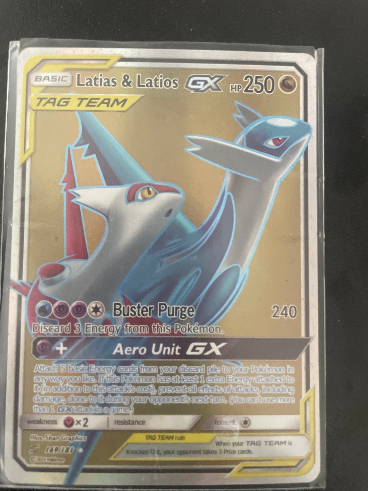Latias & Latios GX TAG TEAM Pokémon kaart, Ophalen of Verzenden, Gebruikt, Losse kaart, Foil