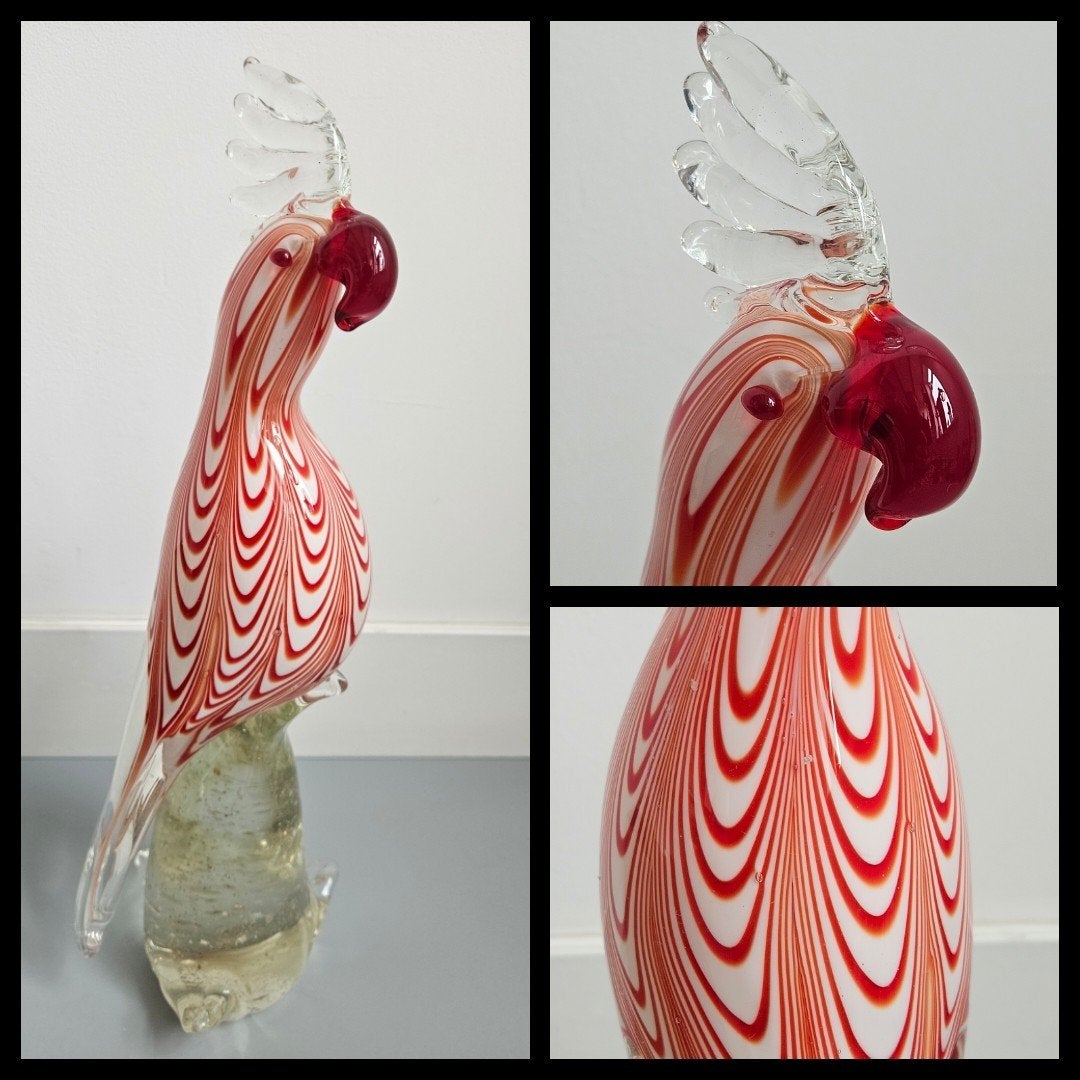 Murano stijl glazen sculptuur van een Kaketoe,  34,5 cm., Antiek en Kunst, Glas, Meerkleurig, Ophalen of Verzenden, Beeld