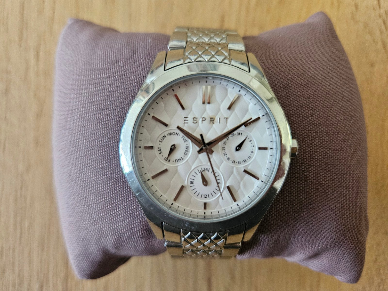 Esprit dameshorloge chronograaf zilver met ruit reliëf, Ophalen of Verzenden, Staal, Esprit