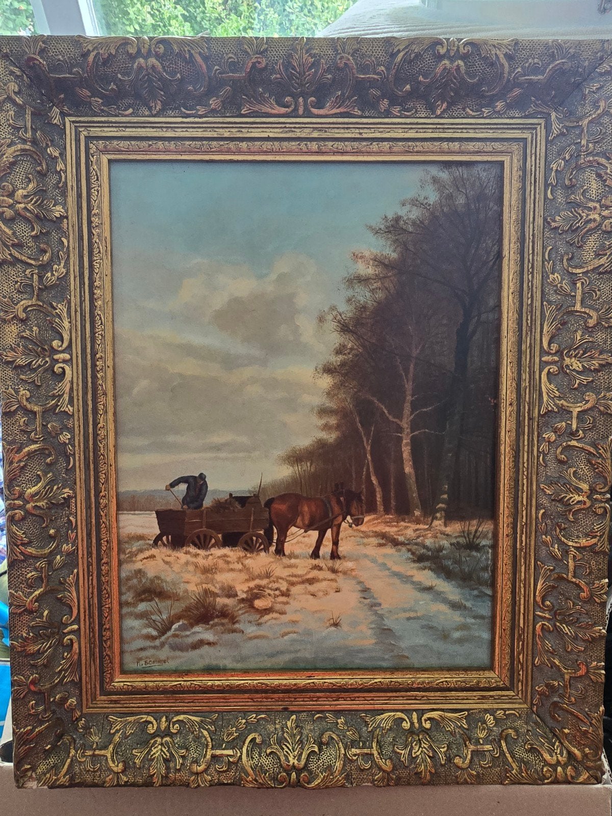 Klassiek schilderij: Winterlandschap met paard en wagen, Ophalen of Verzenden