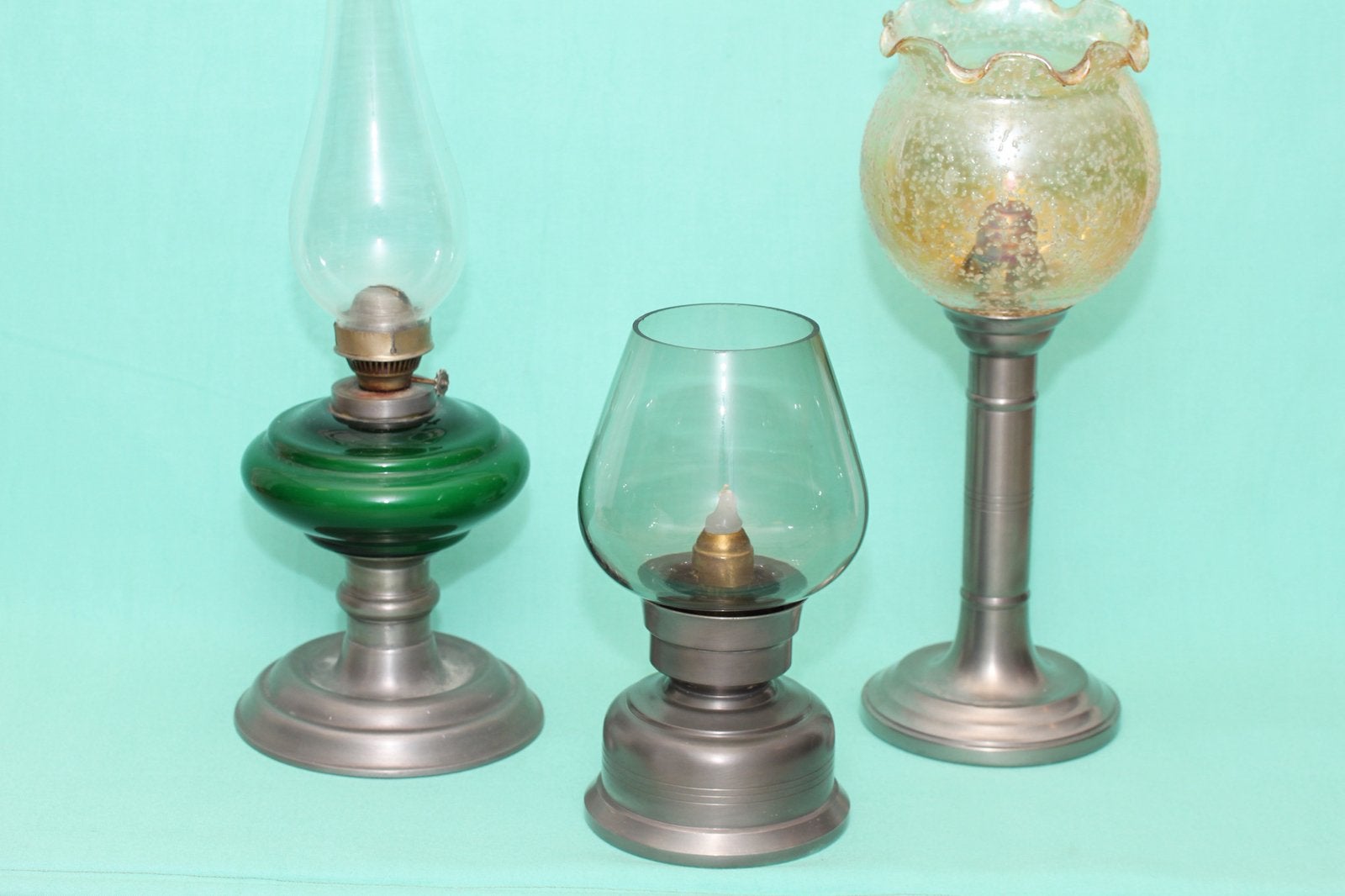 Set tinnen kandelaars en olielamp, Antiek en Kunst, Ophalen, Overige materialen