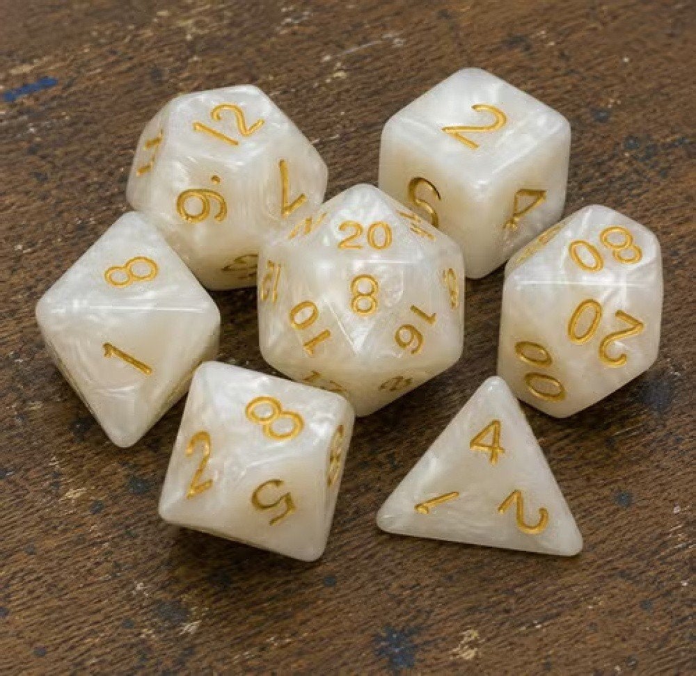 D&D / RPG dobbelstenen – 7-delige set – parelmoer/goud, Ophalen of Verzenden, Zo goed als nieuw