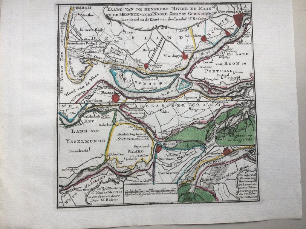 Rotterdam, Gorinchem, Brielle, Dordrecht, de Leth, 1740, Antiek en Kunst, Kunst | Etsen en Gravures, Cartografie, Met tekst, 25 cm