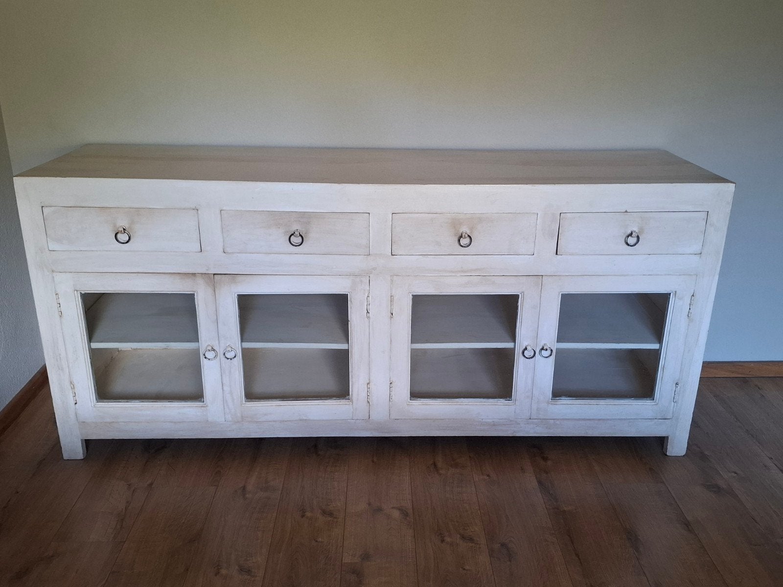 Landelijke dressoir met lades en glazen deuren, Ophalen, Gebruikt, Met lade(s), 200 cm of meer