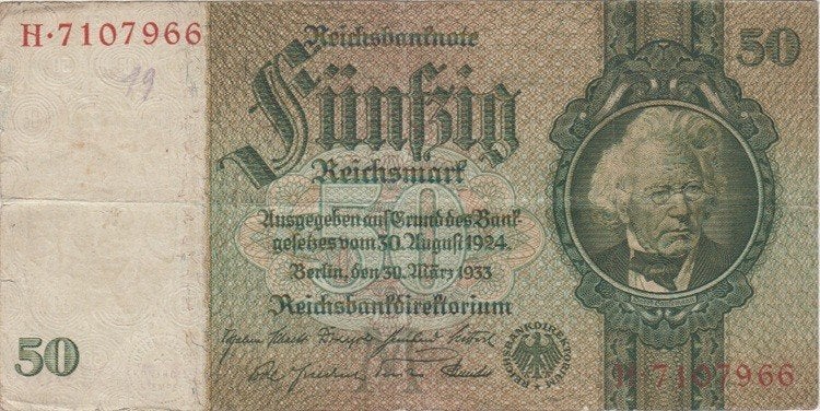Duitsland bankbiljet 50 Reichsmark David Hansemann 30.3.1933, Ophalen of Verzenden, Duitsland, Los biljet
