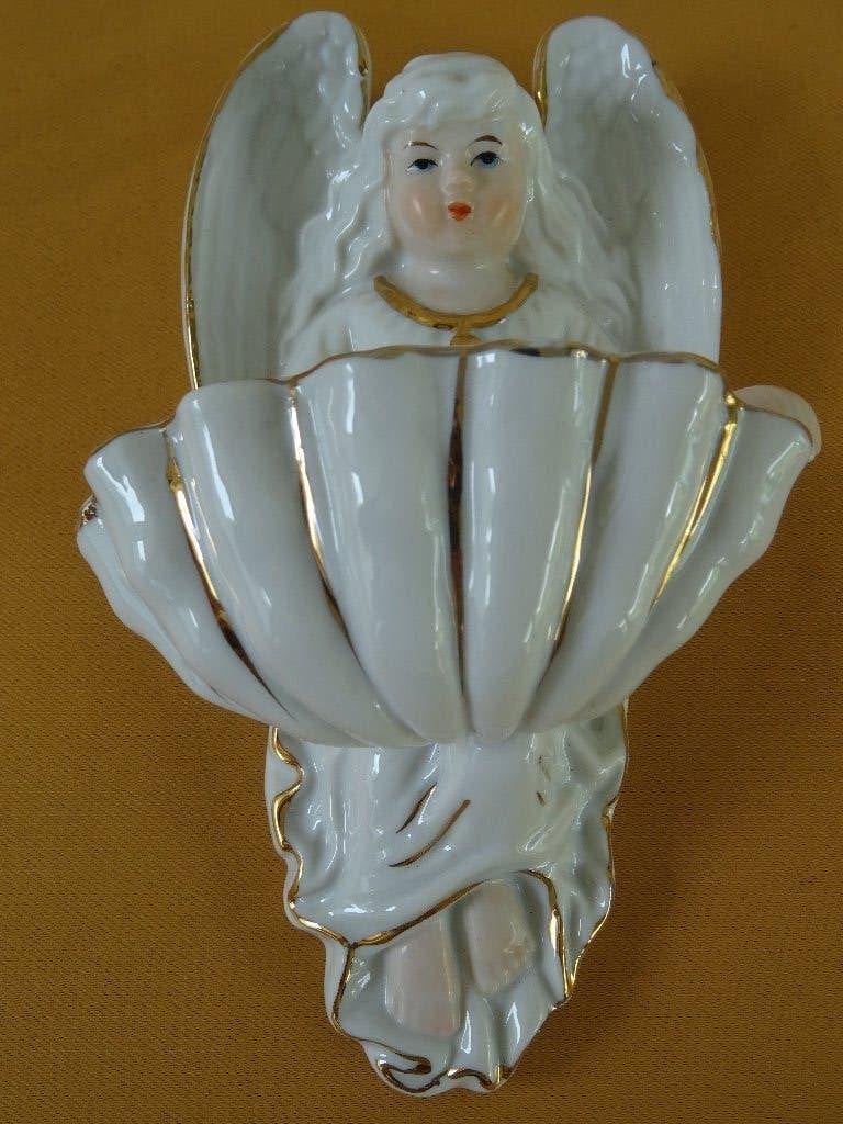 Porselein engel wijwaterbakje 1940 engel wit goud, Verzamelen, Ophalen of Verzenden, Zo goed als nieuw, Beeld(je), Christendom | Katholiek