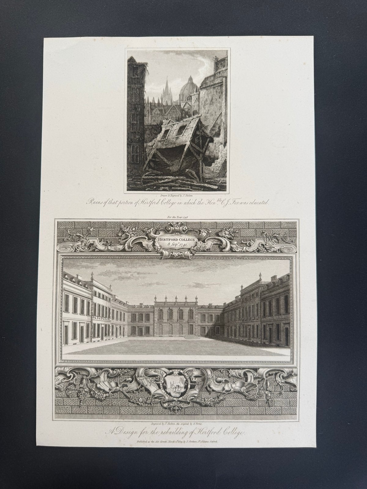 Antieke Gravure Hertford College Oxford, Ontwerp & Ruïnes c., Architectuur, Ophalen of Verzenden, Gravure, Origineel