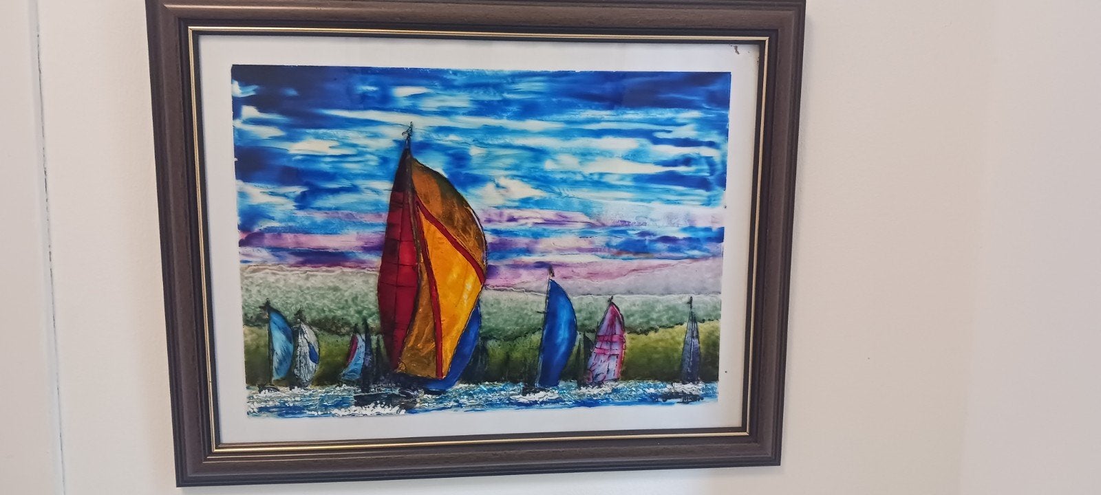 Kleurrijk Zeilboot Schilderij - Moderne Kunst aan Zee, Landschap, Ingelijst, Ophalen of Verzenden, Olieverf