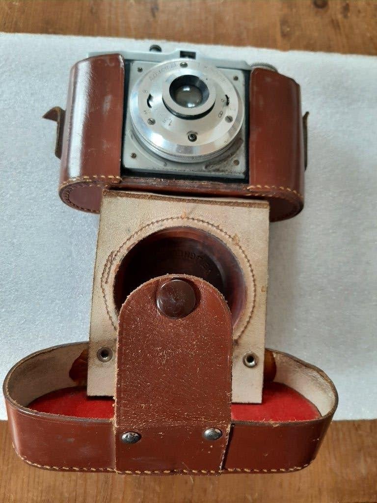 Dacora Digna Achromat filmrol fototoestel  met lederen tas, Audio, Tv en Foto, Fotocamera's Analoog, Ophalen of Verzenden, Gebruikt