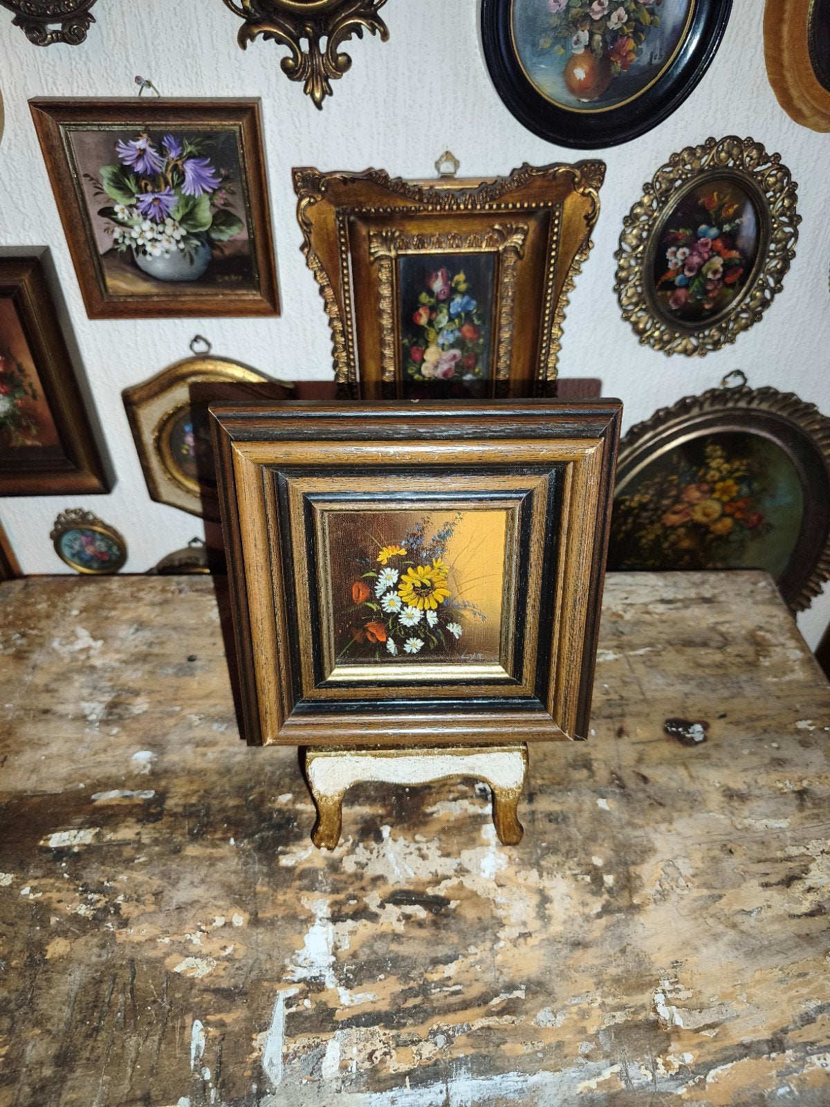 oud schilderijtje schilderij lijst stilleven bloemen W99, Antiek en Kunst, Ophalen of Verzenden