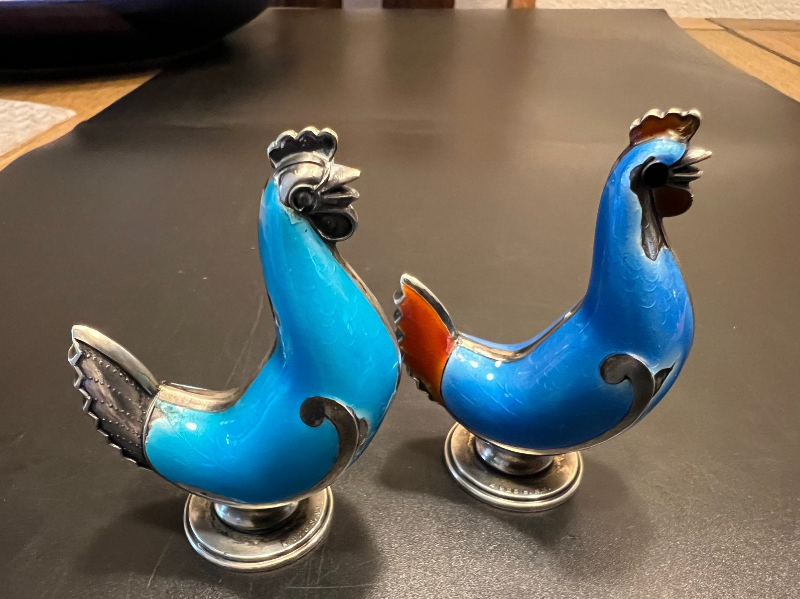 Zilver met emaille peper en zoutstel hanen,Tostrup Noorwegen, Ophalen of Verzenden