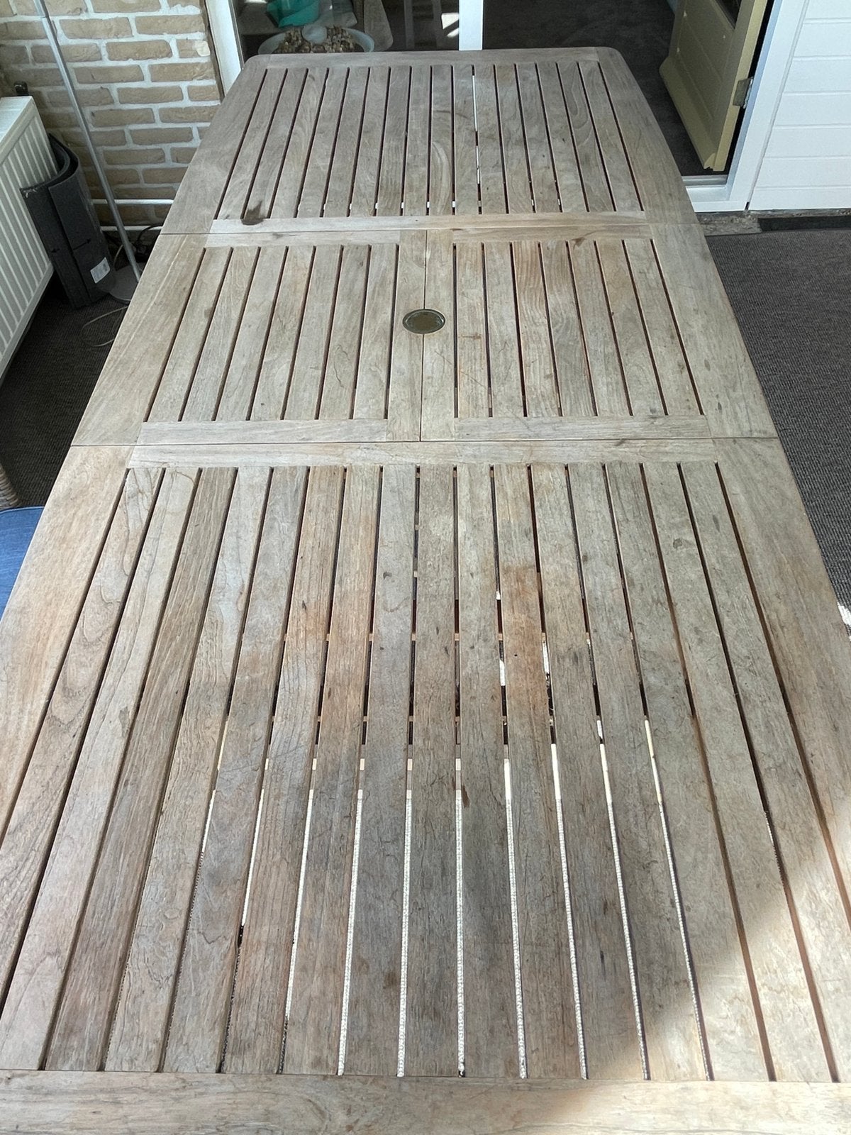 Buitentafel teak uittrekbaar 180x100cm > 220x100cm, Ophalen, Gebruikt