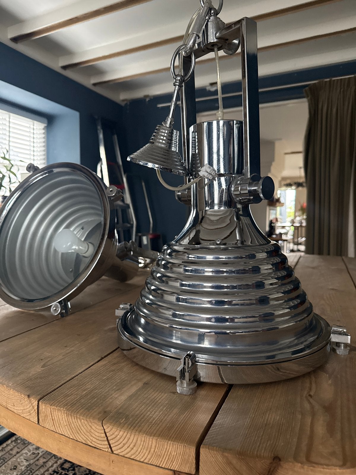 2 Industriële Hanglampen Chroom -Doorsnede 35cm NIEUWE PRIJS, Ophalen, Eichholtz, E27 (groot), Zo goed als nieuw