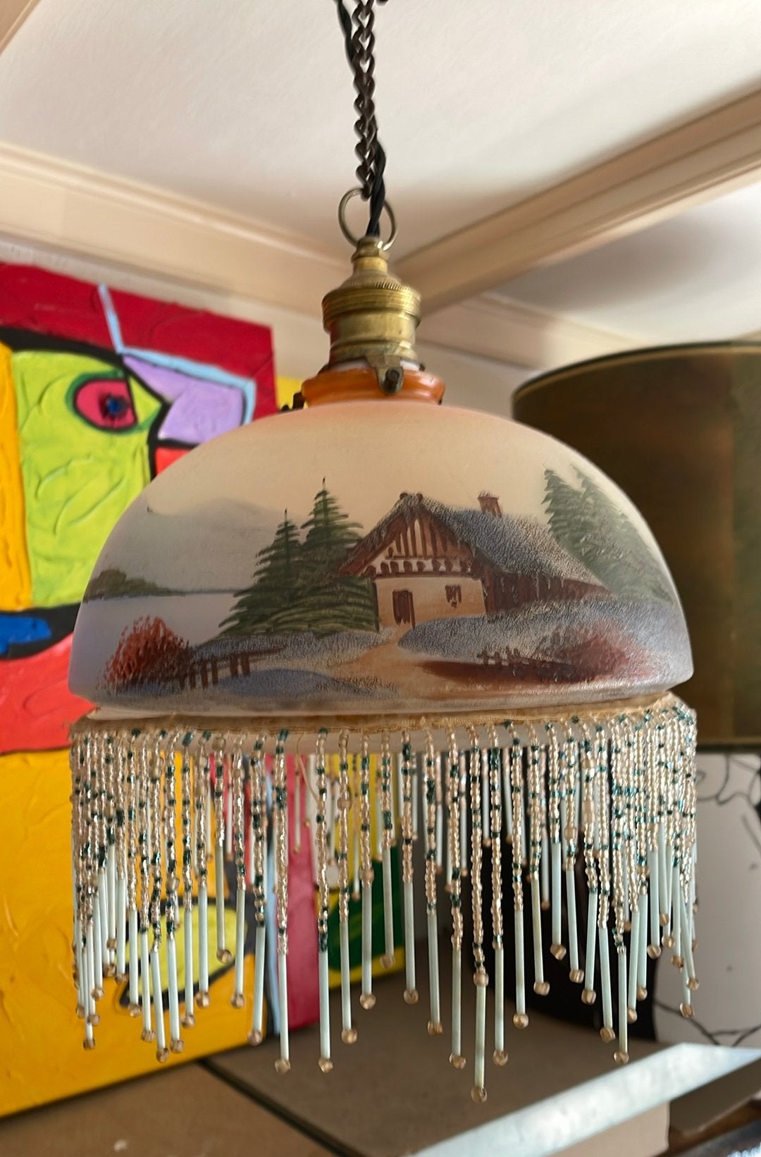 Antiek hanglamp gebrandschilderd glas, Ophalen, Gebruikt, Glas