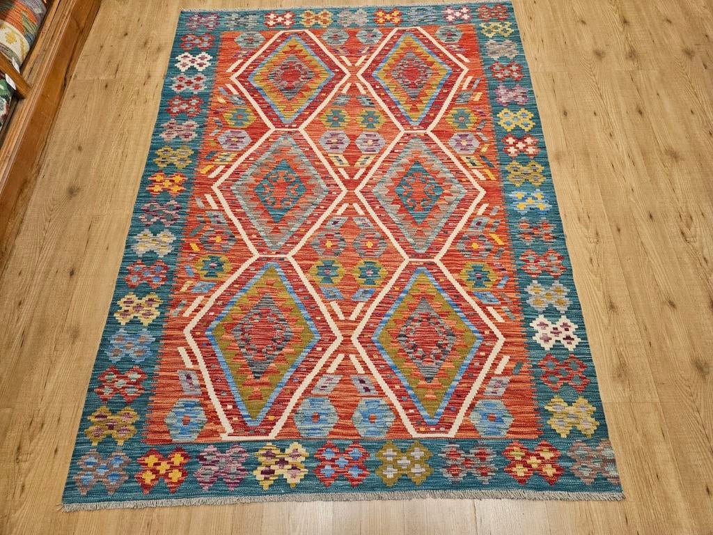 Prachtige handgeweven oosterse kelim 208x155, Info@SlatsAntiek.nl, Crème, 150 tot 200 cm, Vof Slats Antiek